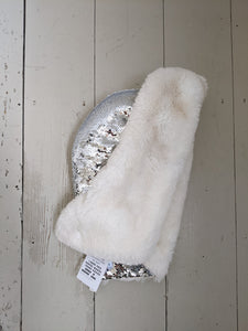 Short silver and white sequin, faux fur hood, was £60 now £20 ex display