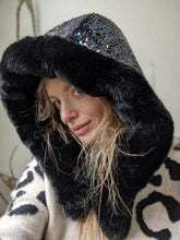 Short silver sequin and black faux fur hood, was £60 now £40
