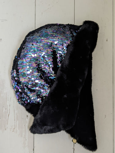 Short petrol sequin and black faux fur hood, was £60 now £40