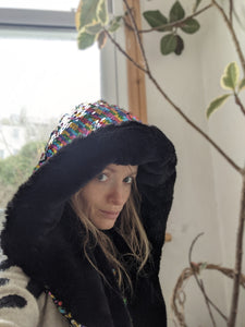 Larger rainbow sequin, faux fur hood, was £80 now £45