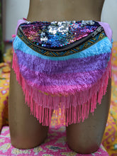 Fluorescent pink fringes. Strawberry Daiquiri (berry colours) fluffy rainbow sequin bumbag.