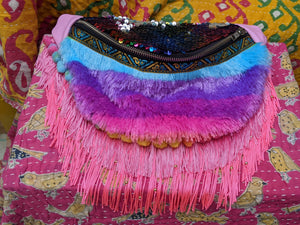 Fluorescent pink fringes. Strawberry Daiquiri (berry colours) fluffy rainbow sequin bumbag.