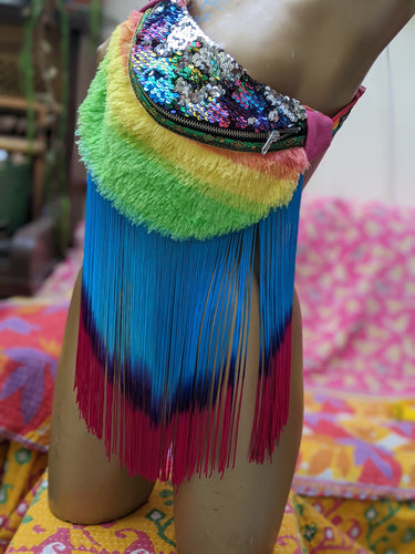 Long turquoise and cerise fringes.Citrus fluffy rainbow sequin bumbag