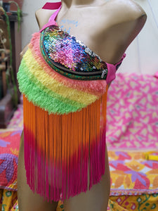 Orange and pink long fringes. Citrus fluffy rainbow sequin bumbag