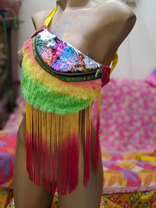 Yellow and red fringes. Citrus fluffy rainbow sequin bumbag
