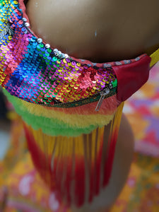 Yellow and red fringes. Citrus fluffy rainbow sequin bumbag
