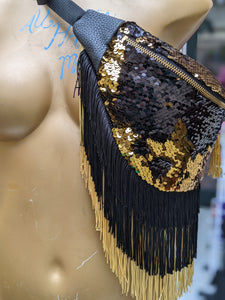 BOUDICCA gold and black sequin fringed  bum bag fanny pack. Burning man, festivals, nights out