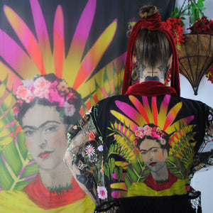Kimono, Illustrated Frida on Black, Exclusive original artwork. Short evening jacket - beksiesboutique