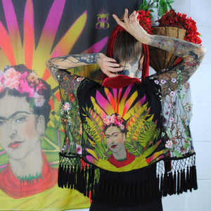 Kimono, Illustrated Frida on Black, Exclusive original artwork. Short evening jacket - beksiesboutique